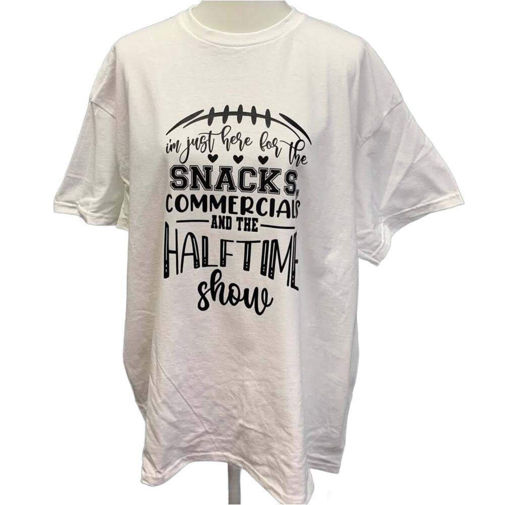 Hand Printed XL Superbowl Here for the Snacks Commercials Halftime Show Tee